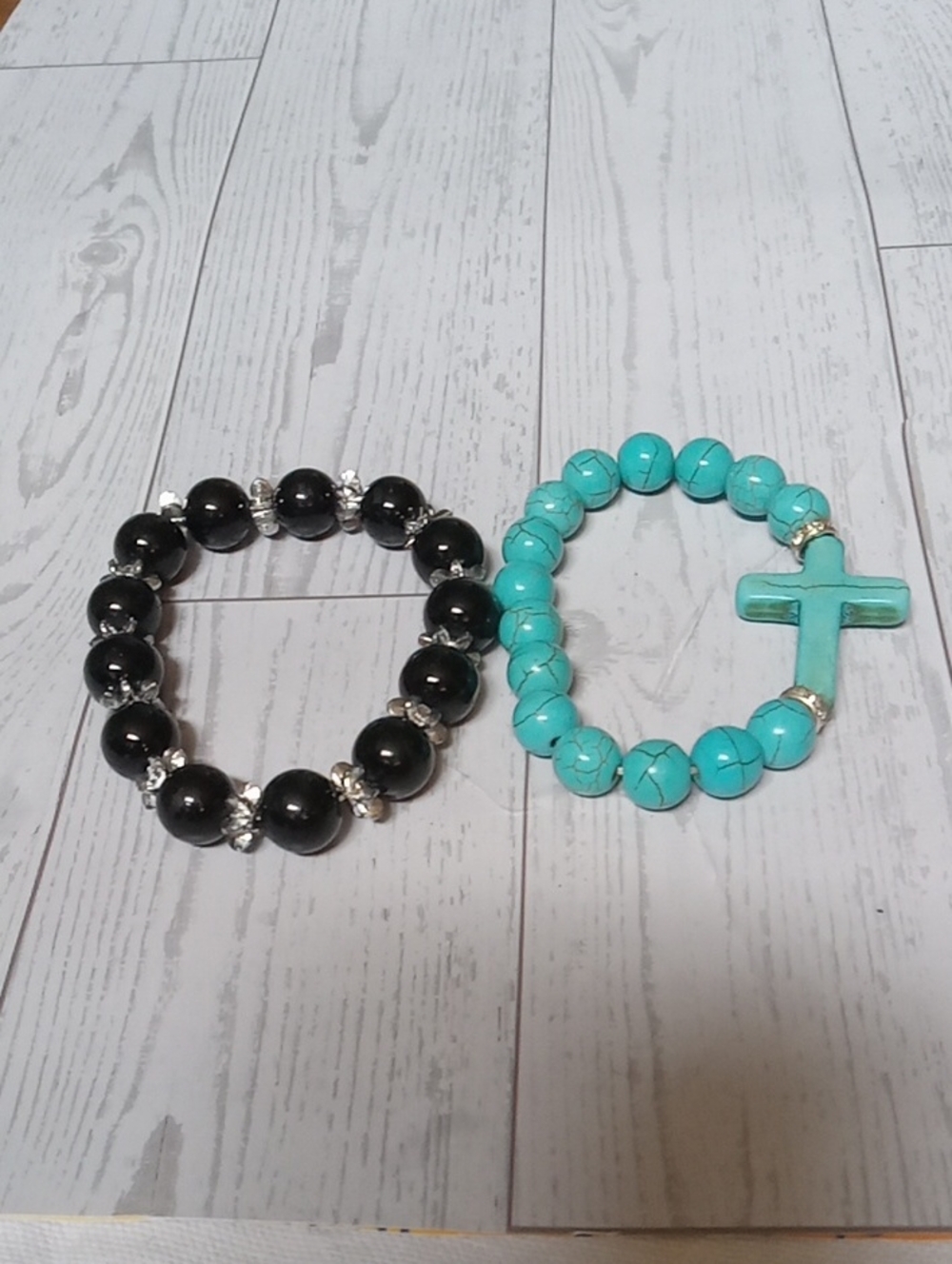 Beaded Bracelet Set Of 2 Black & Turquoise W/ Cross